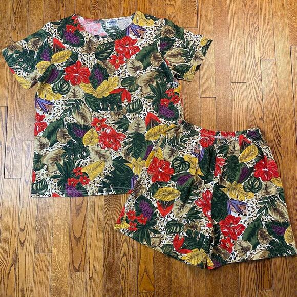 Vintage 80s YS Sport by Youngstuff Floral and Animal Print Two Piece Set - Picture 1 of 7